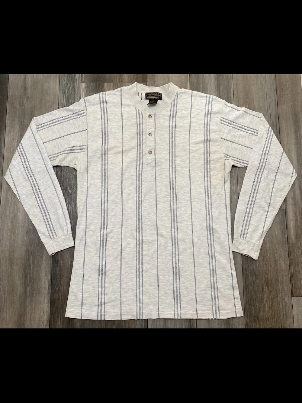 Vintage 90s Eddie Bauer Shirt Mens M Gray Striped Henley Long Sleeve USA Made